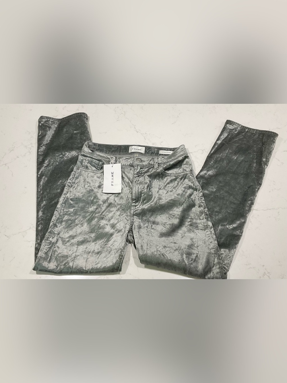 FRAME Le Sleek Straight Velvet Pants Silver Crushed Velvet Size 26 High Rise
